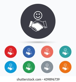 Smile handshake sign icon. Successful business. Circle buttons with handshake icon. Vector