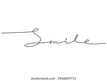 Smile handwritten inscription. One line drawing of phrase hand writing calligraphy card lettering isolated on white background.