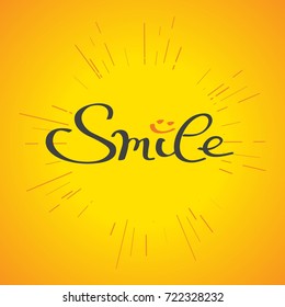 Smile handwritten lettering on bright sunburst background. Inspirational quote. Creative vector hand drawn calligraphy phrase. Modern banner, poster, card, fabric print design.