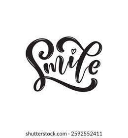 Smile handwritten text isolated on white background, vector illustration. Modern brush ink calligraphy, hand lettering typography for postcard, logo, poster,  banner, greeting card. World smile day