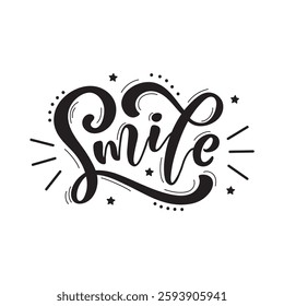 Smile handwritten text isolated on white background, vector illustration. Modern brush ink calligraphy, hand lettering typography for postcard, logo, poster, banner, greeting card. World smile day