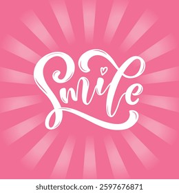 Smile handwritten text, vector colorful illustration, pink background. Modern brush ink calligraphy, hand lettering typography for postcard, logo, poster, banner, greeting card. World smile day