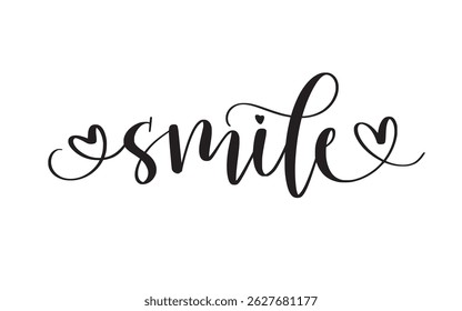Smile. Hand-written word with hearts. Calligraphy for motivational art, designs, posters, and mugs. Lettering design