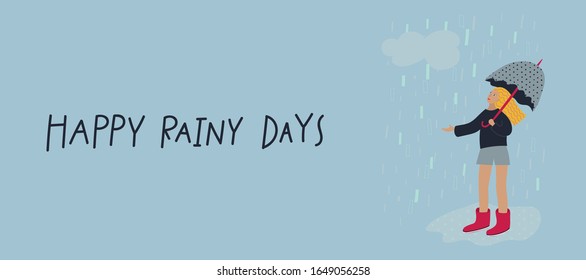 Smile Happy girl umbrella rubber boots enjoy rain illustration people character. Spring summer season rainy day inspiration graphic design typography element. Hand drawn picture. Simple vector symbol