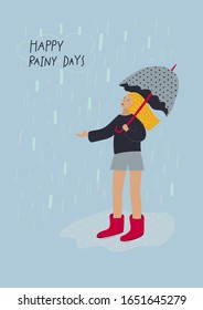 Smile Happy girl umbrella rubber boots enjoy rain illustration people character. Spring summer season day inspiration graphic design typography element. Hand drawn picture. Flat vector.