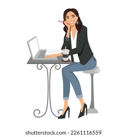 Smile happy office woman behind a Desk with a laptopFlat vector illustration isolated on white background