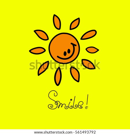 Smile. Happy smiling sun with rays isolated on yellow background. Vector illustration.