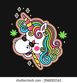 Smile happy unicron smoking weed joint t-shirt print.Vector hand drawn cartoon character illustration.Unicorn face,high,rasta,marijuana magic trip,cannabis print for t-shirt,poster,logo concept