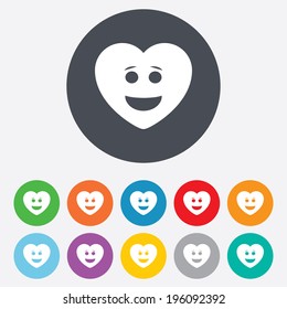 Smile heart face sign icon. Happy smiley with hairstyle chat symbol. Round colourful 11 buttons. Vector