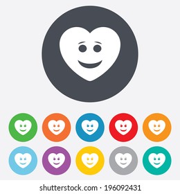Smile heart face sign icon. Happy smiley with hairstyle chat symbol. Round colourful 11 buttons. Vector