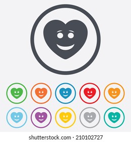 Smile heart face sign icon. Happy smiley with hairstyle chat symbol. Round circle buttons with frame. Vector