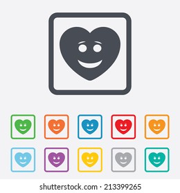 Smile heart face sign icon. Happy smiley with hairstyle chat symbol. Round squares buttons with frame. Vector