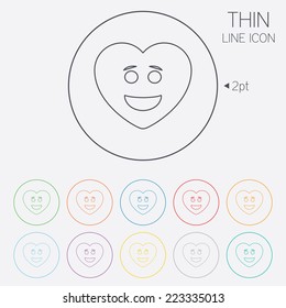 Smile Heart Face Sign Icon. Happy Smiley With Hairstyle Chat Symbol. Thin Line Circle Web Icons With Outline. Vector