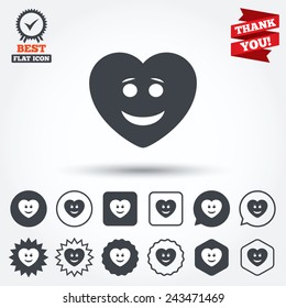 Smile Heart Face Sign Icon. Happy Smiley With Hairstyle Chat Symbol. Circle, Star, Speech Bubble And Square Buttons. Award Medal With Check Mark. Thank You Ribbon. Vector