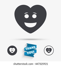 Smile heart face sign icon. Happy smiley with hairstyle chat symbol. Flat icons. Buttons with icons. Thank you ribbon. Vector