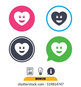 Smile heart face sign icon. Happy smiley with hairstyle chat symbol. Report document, information sign and light bulb icons. Vector