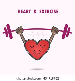 Smile heart shape with the barbell on background.Heart Care logo.Healthcare & Medical logo concept.Sport and lifestyle logo icon. Vector illustration