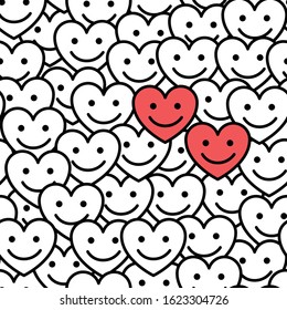 Smile hearts with face seamless pattern. Vector abstract background with positive smiling hearts. Design for Valentine's Day wrapping paper, love texture.