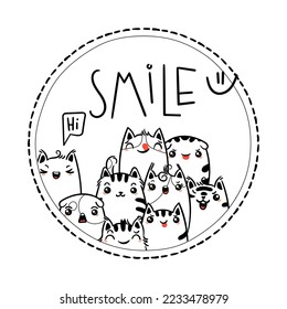 Sonríe. Hola. Cartel dibujado a mano por la ilustración del vector Kawaii. Gatos cortos con saludos y letras de color blanco. Coloración de caricaturas al estilo de las caricaturas