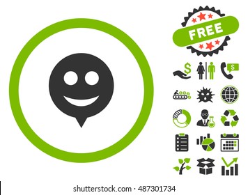 Smile Hint pictograph with free bonus design elements. Vector illustration style is flat iconic bicolor symbols, eco green and gray colors, white background.
