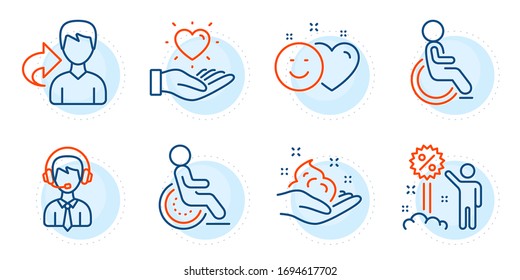 Smile, Hold Heart And Disability Signs. Share, Discount And Shipping Support Line Icons Set. Skin Care, Disabled Symbols. Male User, Sale Shopping. People Set. Outline Icons Set. Vector