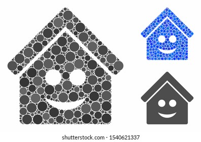 Smile home composition of round dots in variable sizes and color tones, based on smile home icon. Vector round elements are combined into blue composition.