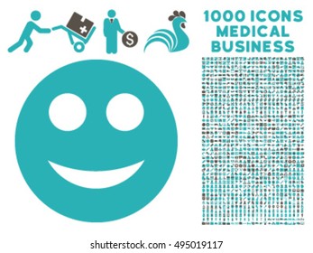 Smile icon with 1000 medical commerce grey and cyan vector pictographs. Collection style is flat bicolor symbols, white background.