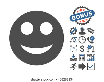 Smile icon with bonus clip art. Vector illustration style is flat iconic bicolor symbols, cobalt and gray colors, white background.