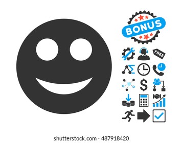 Smile icon with bonus icon set. Vector illustration style is flat iconic bicolor symbols, blue and gray colors, white background.