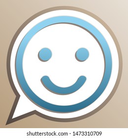 Smile icon. Bright cerulean icon in white speech balloon at pale taupe background. Illustration.