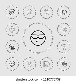 Smile icon. collection of 13 smile outline icons such as cool emot in sunglasses, angry emot, emoji showing tongue, mask. editable smile icons for web and mobile.