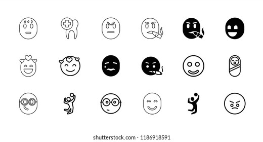 Smile icon. collection of 18 smile filled and outline icons such as smoking emot, volleyball player, baby food, angry emot. editable smile icons for web and mobile.