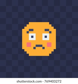 Smile icon. Embarrassed emoticon with flushed red cheeks. Pixel art flat style. Isolated abstract vector illustration. 