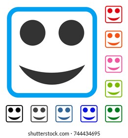 Smile icon. Flat grey iconic symbol in a blue rounded rectangular frame. Black, gray, green, blue, red, orange color additional versions of Smile vector. Designed for web and app user interface.