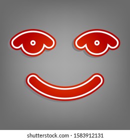 Smile icon. Flat red icon with linear white icon with gray shadow at grayish background. Illustration.