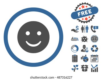 Smile icon with free bonus pictograph collection. Vector illustration style is flat iconic bicolor symbols, cobalt and gray colors, white background.