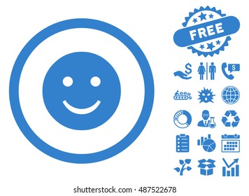 Smile icon with free bonus symbols. Vector illustration style is flat iconic symbols, cobalt color, white background.