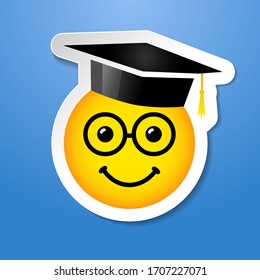 Smile icon with glasses in academic hat on white paper sticker. Graduation greeting card. Class of logotype isolated abstract graphic design template. Creative 3D smiling symbol for internet messenger