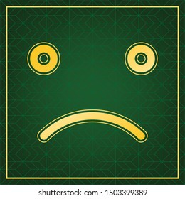 Smile icon. Golden icon with gold contour at dark green gridded white background. Illustration.