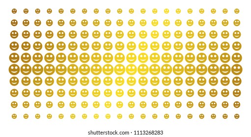 Smile icon golden halftone pattern. Vector smile symbols are arranged into halftone matrix with inclined gold gradient. Constructed for backgrounds, covers, templates and abstract compositions.