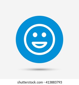 Smile icon. Happy face chat symbol. Blue circle button with icon. Vector