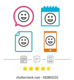 Smile icon. Happy face chat symbol. Calendar, chat speech bubble and report linear icons. Star vote ranking. Vector