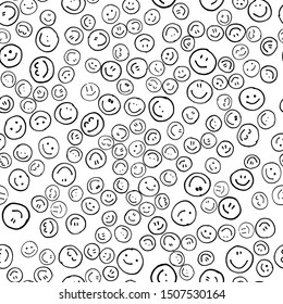 Smile icon. Many smiles. Vector seamless pattern. Customized color. For printing on fabric, postcards, social media post, advertising. Happy emotion, happy face, smiling face. Fun doodle background.
