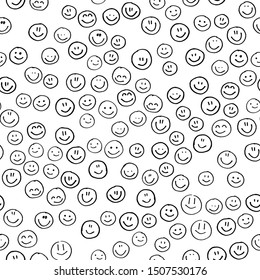 Smile icon. Many smiles. Vector seamless pattern. Customized color. For printing on fabric, postcards, social media post, advertising. Happy emotion, happy face, smiling face. Fun doodle background.
