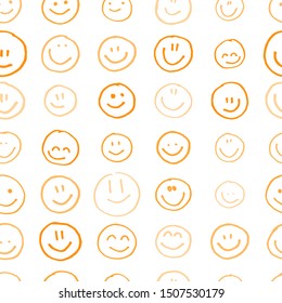 Smile icon. Many smiles. Vector seamless pattern. Customized color. For printing on fabric, postcards, social media post, advertising. Happy emotion, happy face, smiling face. Fun doodle background.
