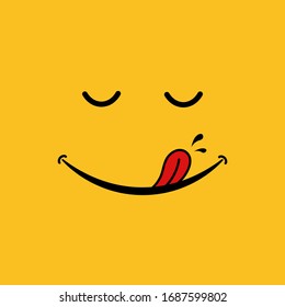 Smile icon on yellow background. Tasty food logo with funny face and tongue. Cartoon banner for print. Happy line. Tongue licks mouth. Concept of delicious food. vector illustration