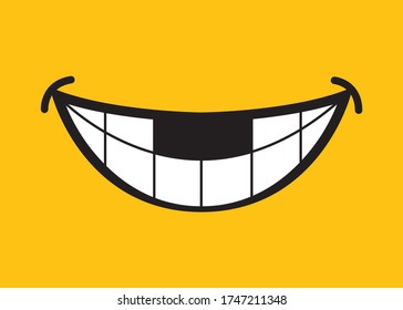 Smile icon on yellow background,  Fun emoji face. Emotion, smiley, laughter, lip, mouth, tongue funny teeth symbol. Vector illustration