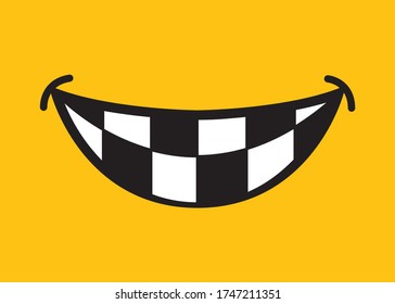 Smile icon on yellow background,  Fun emoji face. Emotion, smiley, laughter, lip, mouth, tongue funny teeth symbol. Vector illustration