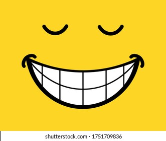 Smile icon on yellow background. Tasty food logo with funny face and tongue. Cartoon emoticon banner for print. Happy smiley line. Tongue licks mouth. Concept of delicious food. vector illustration