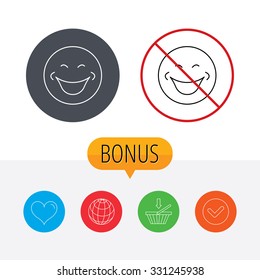 Smile icon. Positive happy face sign. Happiness and cheerful symbol. Shopping cart, globe, heart and check bonus buttons. Ban or stop prohibition symbol.